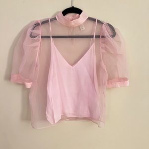 Pink organza puff sleeve blouse with built in camisole